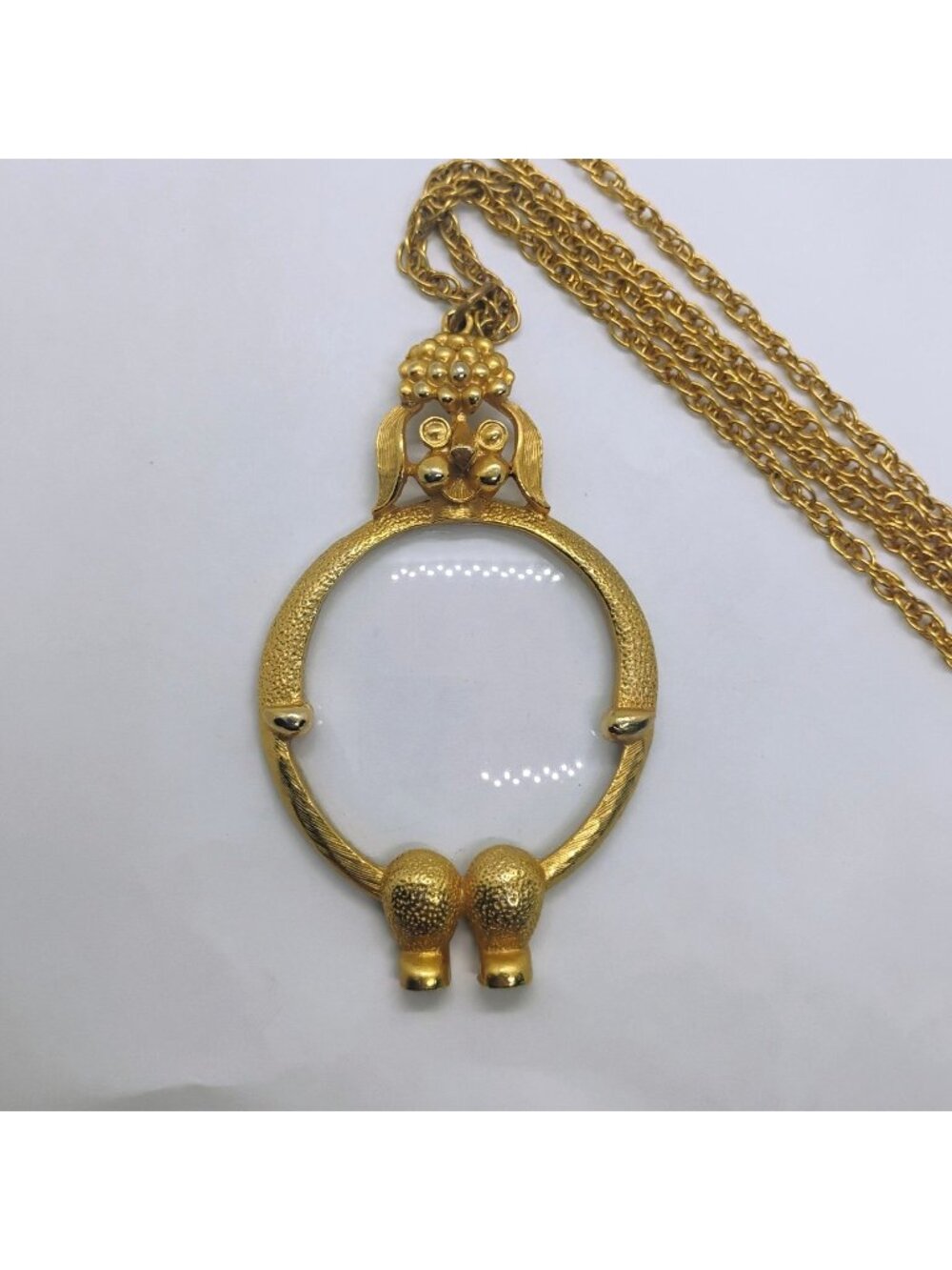 Vintage Gold Tone Poodle Magnifying Glass Pendant Necklace on 24" Chain